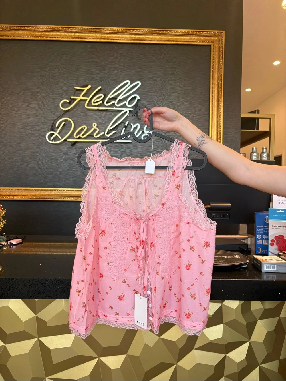 Free People Pink Floral Lace-Trim Camisole Tank